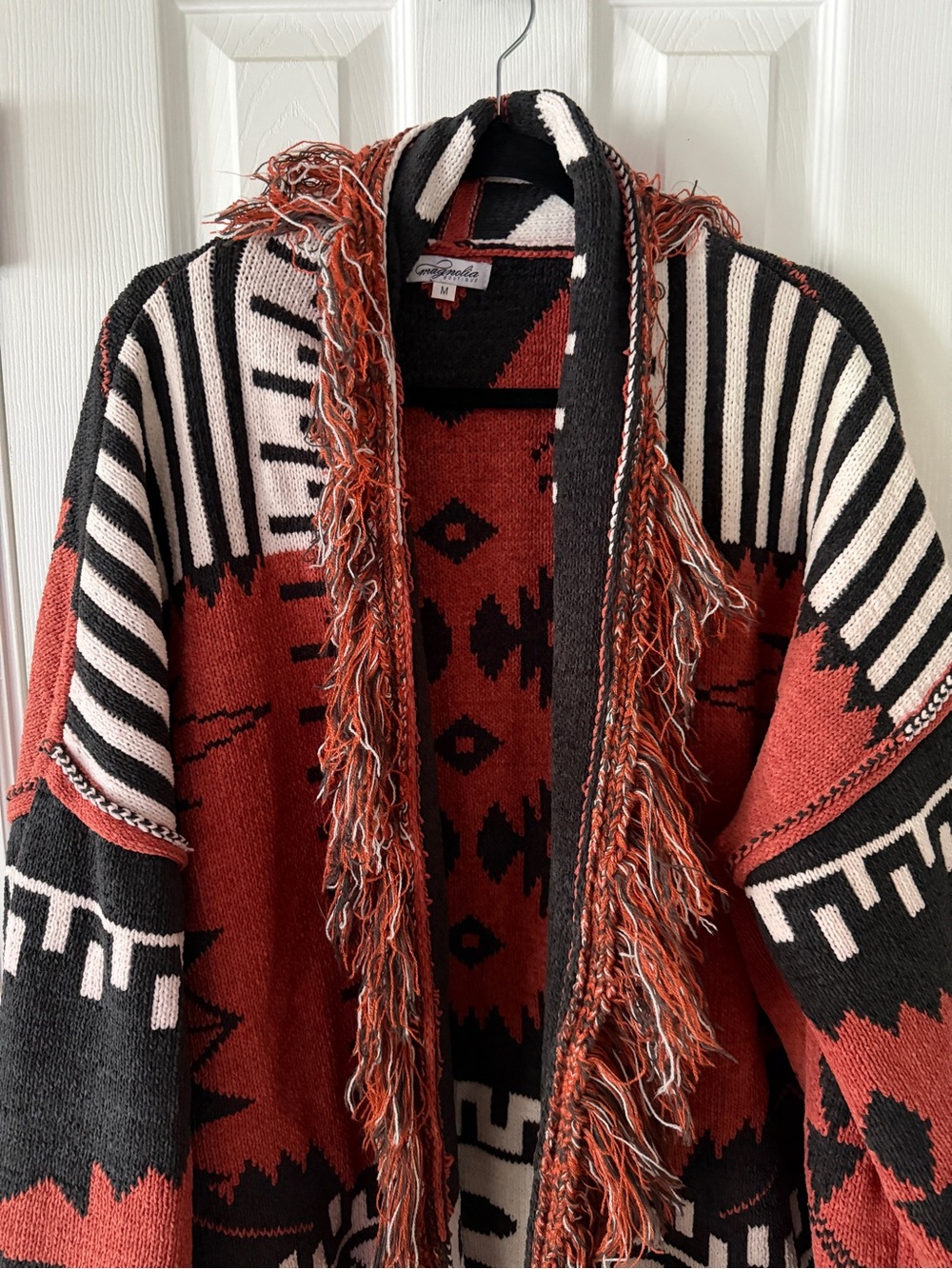 Magnolia Women’s M Southwestern Geometric Fringe Open Cardigan Rust Black - Picture 2 of 7
